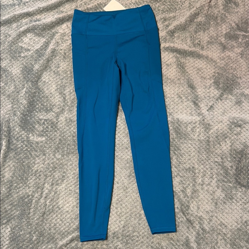 Blue High-Waisted fleece lined Leggings with 2 side pockets